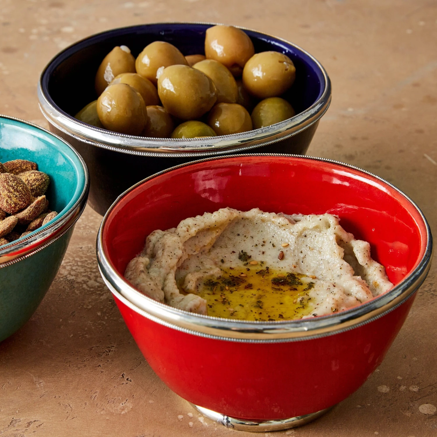 Moroccan Glazed Bowls With Silver Trim - Set Of 3 4 Moroccan Glazed Bowls With Silver Trim - Set Of 3 - Image 2